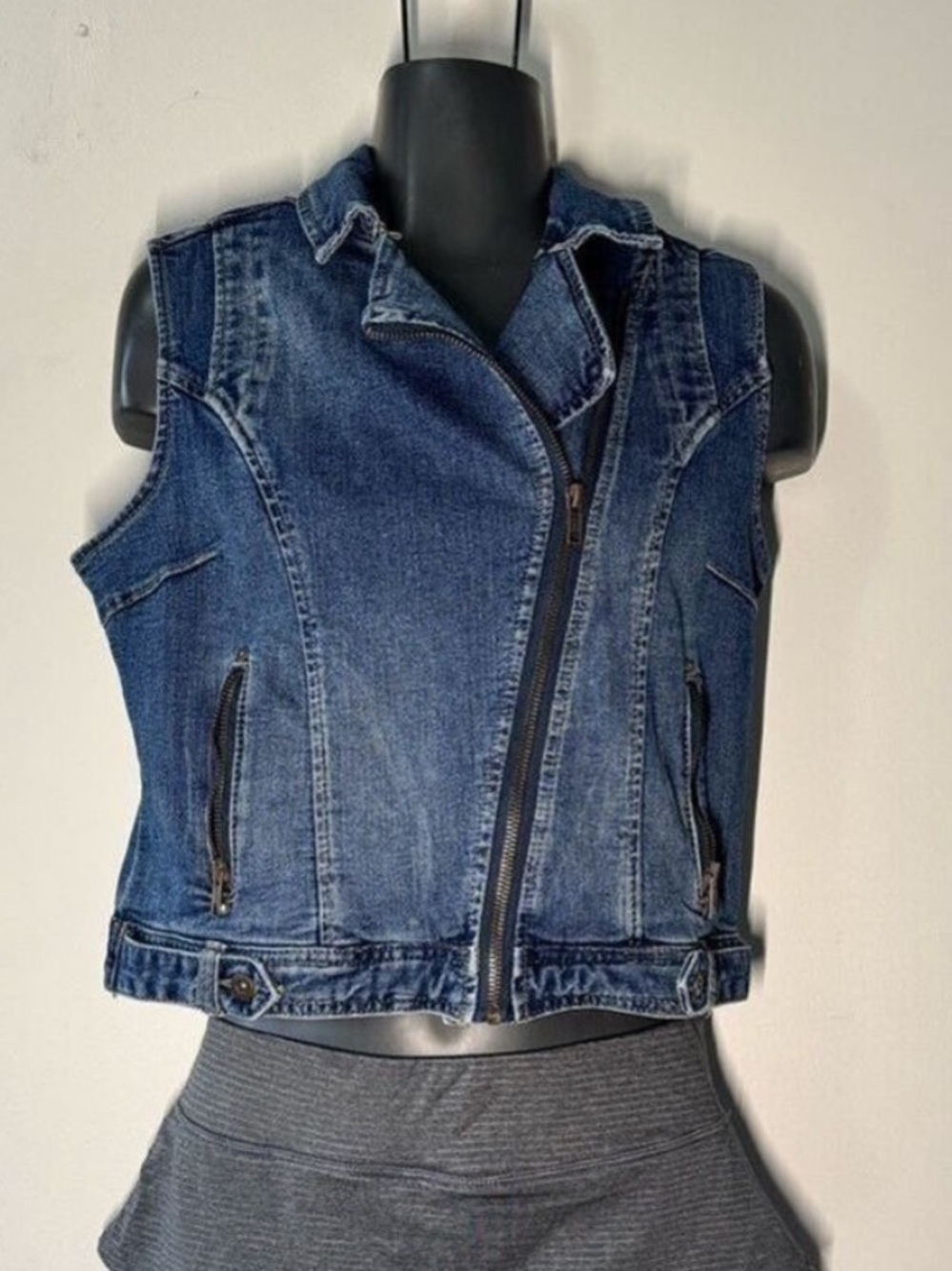 Splash Blue Denim Moto Vest Asymmetrical Zip Cropped Jean Jacket Biker Medium